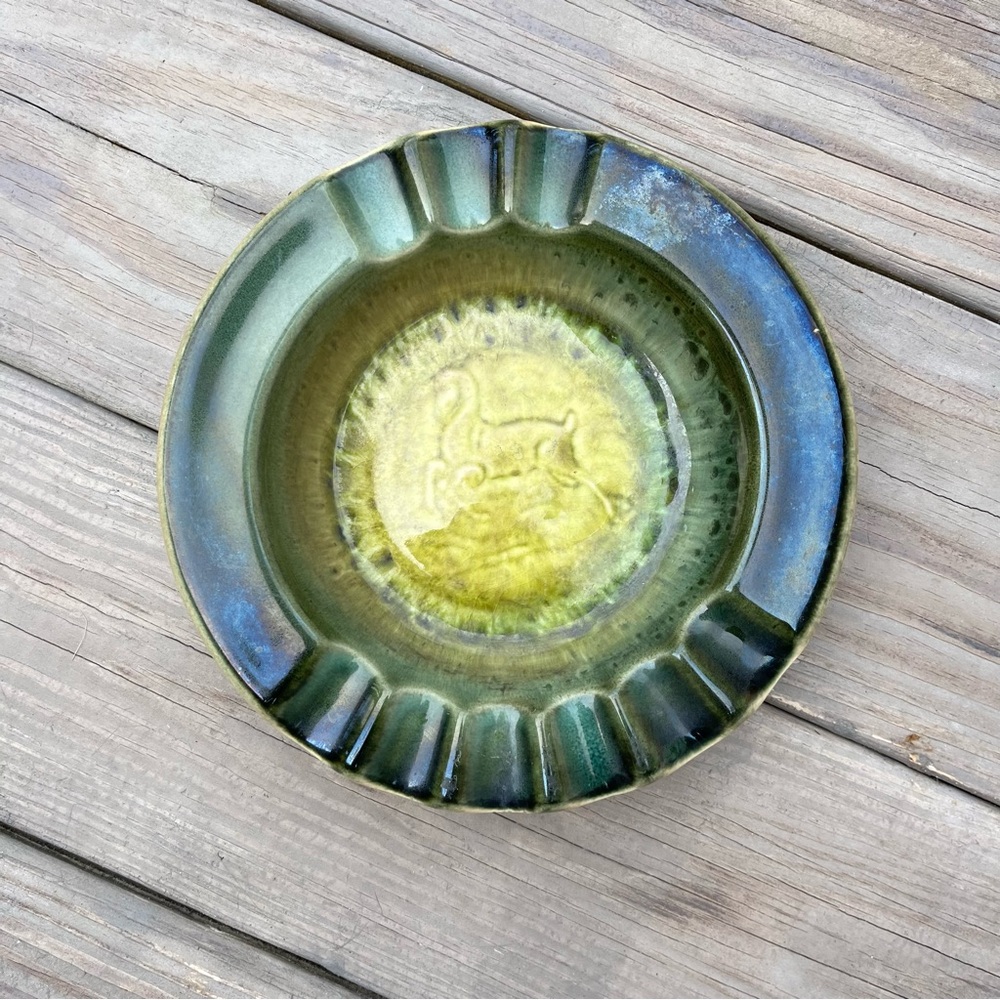 Vintage Ashtray MCM USA Art Pottery Cigar Green Decor Deer Retro Trinket Dish